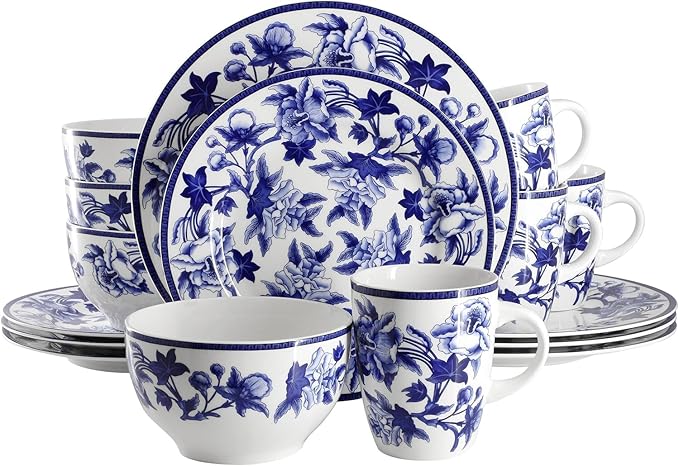 Cattleya Orchid 16 Piece Porcelain Dinnerware Set Blue and White Floral Round Plates and Bowls Service for 4 Dishwasher and Microwave Safe