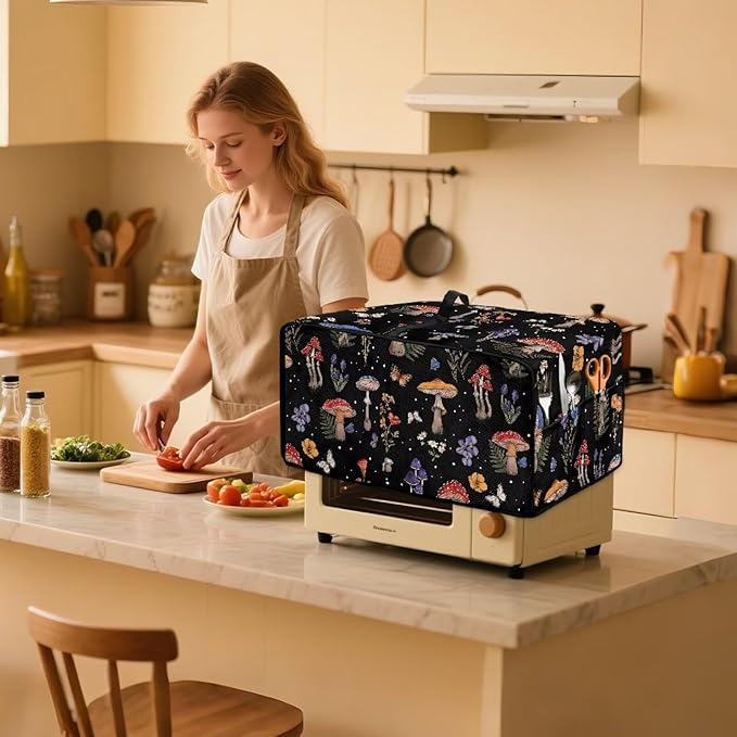 Toaster Oven Heat-Resistant Modern Toaster Oven Heavy Duty Dust-proof Microwave Cover with Storage Side Pockets Protects from Appliances Spills Stain Colorful Mushroom