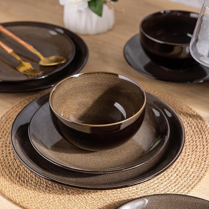 LeRatio Ceramic Dinnerware Sets for 6Stoneware Plates and Bowls SetsHandmade Reactive Glaze Dishes SetChip Resistant and Scratch Resistant | Oven&ampDishwasher &amp Microwave Safe-Chestnut(18PCS)