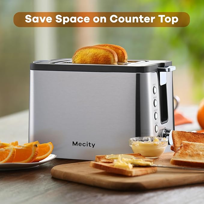 Mecity Toaster 2 Slice Stainless Steel Body Timer Bagel Defrost Reheat Cancel Functions Warming Rack Removable Tray 6 Browning Settings Extra Wide Slots Bread Toaster 800W