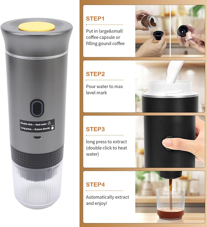 Dpofirs Portable Espresso maker Travel Electric Espresso Machine with USB C Compatible with Ground Coffee Capsule Car Self Heating Coffee Maker for RV Hiking Home (Gray)