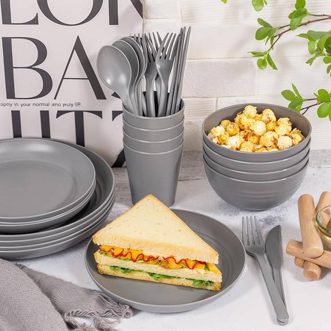 LIYH 28 Pcs Dark Grey Plates and Bowls Dinnerware Sets Dish Set for 4 Unbreakable Reusable Plate Wheat Straw Plates and Bowls Apply to Kitchen &amp Camping