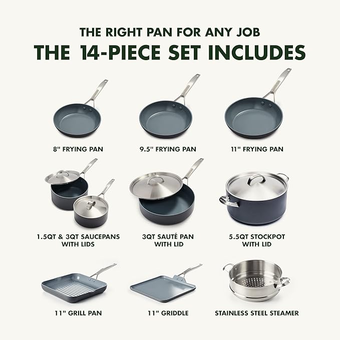 GreenPan Paris Pro Hard Anodized Healthy Ceramic Nonstick 14 Piece Cookware Pots and Pans Set with Stainless Steel Lids PFAS-Free Dishwasher Safe Grey