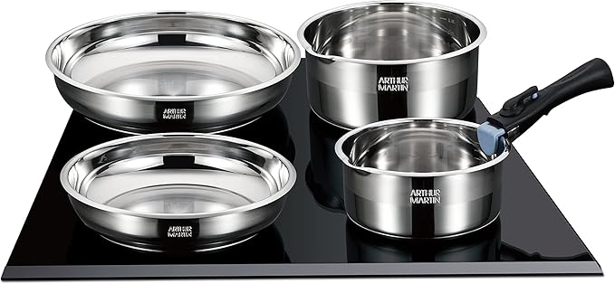 Removable 10-piece stainless steel cookware set suitable for all heat sources including induction and consists of 3 saucepans (16-18-20 cm) 3 frying pans (20-22-26 cm) 3 lids with evaporator