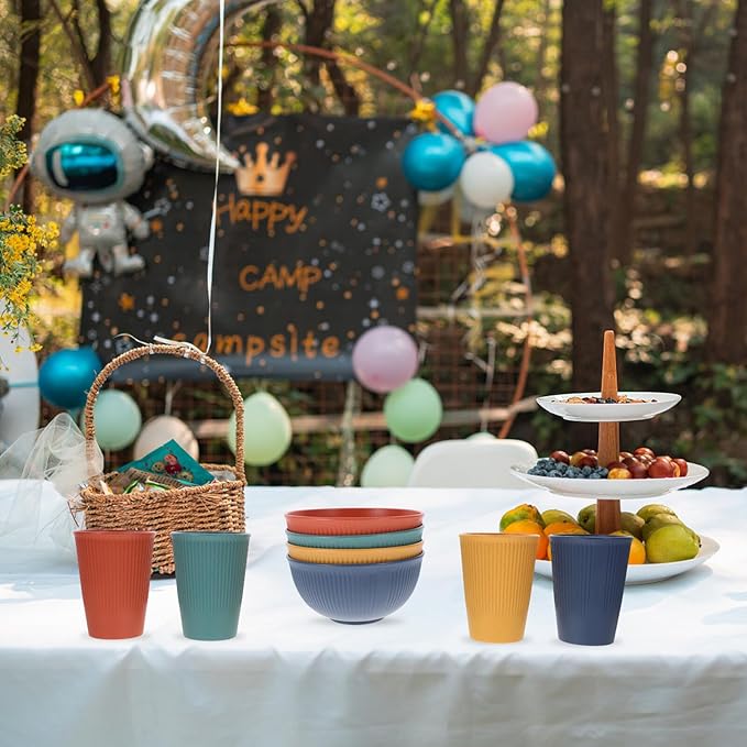 Wheat Straw Dinnerware Set with Cutlery Lightweight Reusable Plates Bowls and Cups for Outdoor Dining Picnic Camping Portable Mixed Color Tableware Kit Random Color