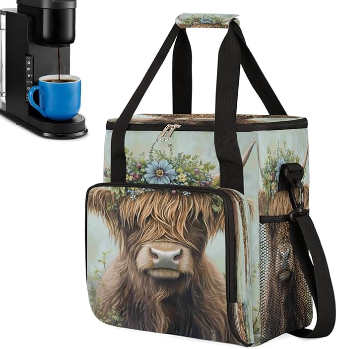 Alpine Cow Flower Coffee Maker Carring Bag Travel Carrying Storage Tote Bag Compatible with Keurig K-Mini or K-Mini Plus Portable Single Serve Coffee Brewer Case with Pockets for K-cup Pods