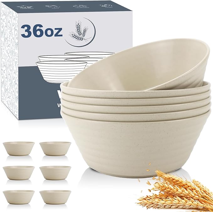 Wrova wheat straw bowls and deep plates bundle with cups - unbreakable dinnerware sets of 22 - Beige series