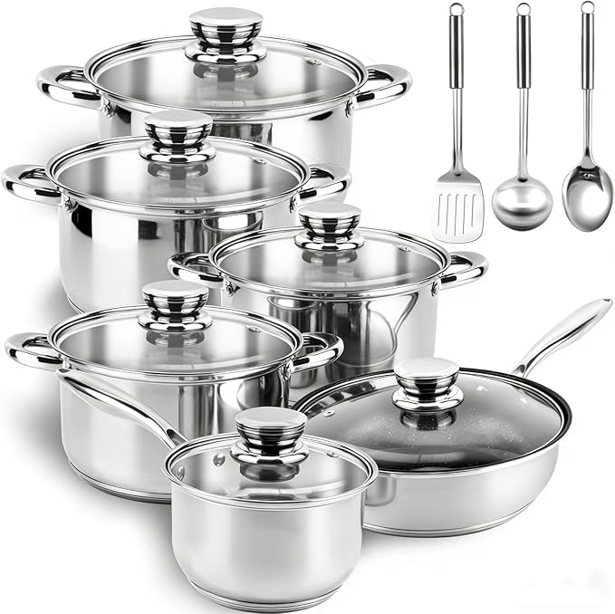 Stainless Steel Cookware Set - 15 Pieces Pots and Pans Nonstick Pot and Pan Set Includes 1 Frying Pans 5 Pots 6 Lids and 3 Utensils with Stay Cooling Handle Induction &amp Oven Safe
