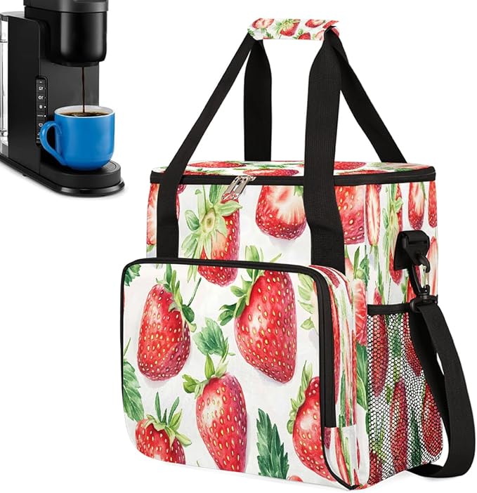 Strawberry Fruit Coffee Maker Carring Bag Travel Carrying Storage Tote Bag Compatible with Keurig K-Mini or K-Mini Plus Portable Single Serve Coffee Brewer Case with Pockets for K-cup Pods