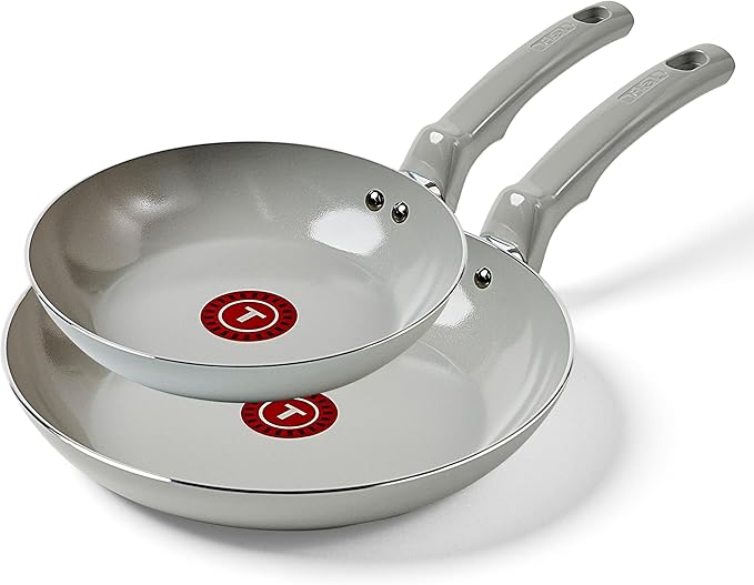 T-Fal Refresh Ceramic Nonstick Frying Pan 2-Pc Set 8 &amp 10 Oven Broiler Safe up to 350°F Cookware Ceramic Frying Pan Skillet Pots &amp Pans Grey