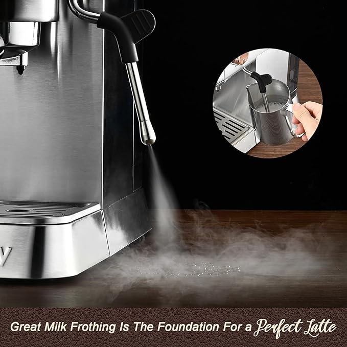 Mecity 20 Bar Espresso Machine with Milk Frother Brushed Stainless Steel Shell 37 fl.Oz Water Reservoir Coffee Maker For Espresso Latte Mocha Americano. 1400W