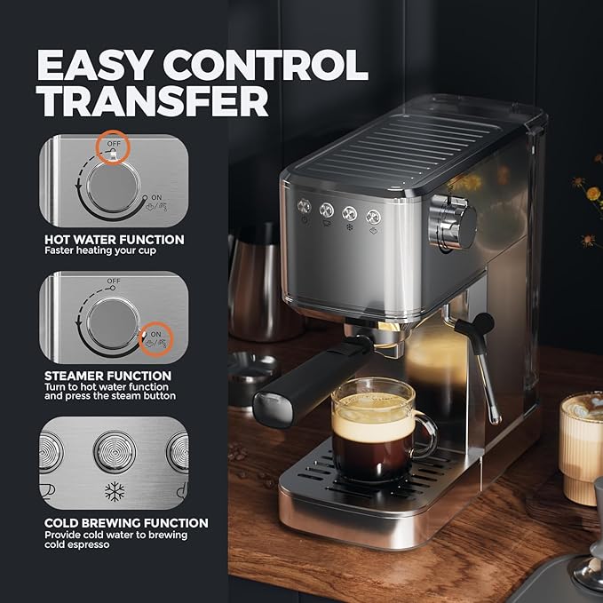 Espresso Machine &amp Electric Milk Frother Steamer Coffee Maker for Latte &amp Cappuccino 1450W Semi-Automatic Coffee Machine with 34oz Removable Water Tank Stainless Steel