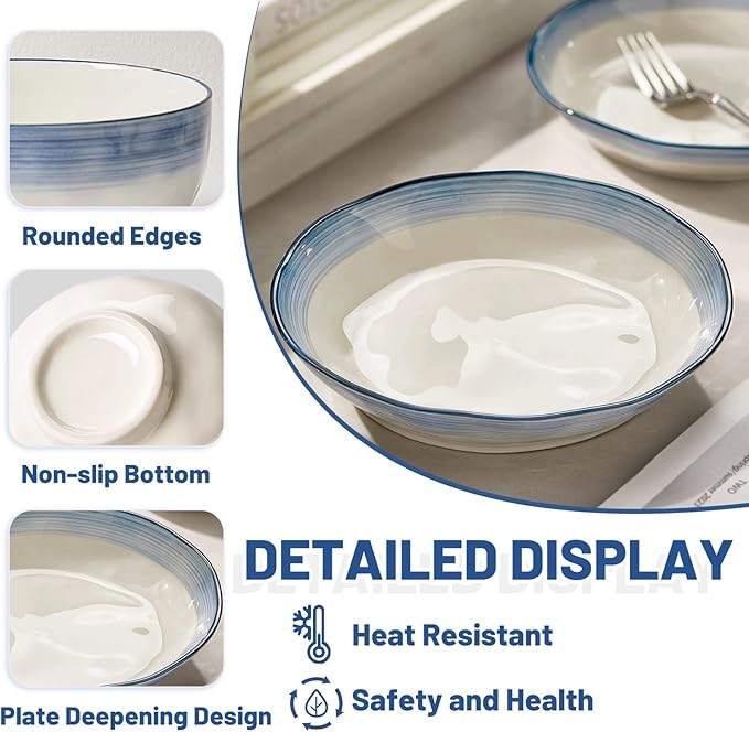 8 Pieces Plates and Bowls Dishes Sets Simple and Modern Deep Dish Dinnerware Set Thick Ceramic Dishware Sets High Temperature and Heat Resistant Easy to Heat Up Smooth Glaze for Easy Cleaning