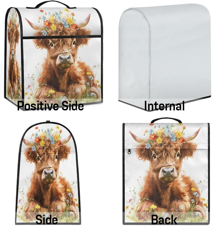 Kitchen Aid Mixer Cover Florals Highland Flower Cow Stand Mixer Cover Compatible with 6-8 Quarts Stand Mixers Dust Covers with Zipper Pocket Foldable Washable Kitchen Aid Organizer Bag