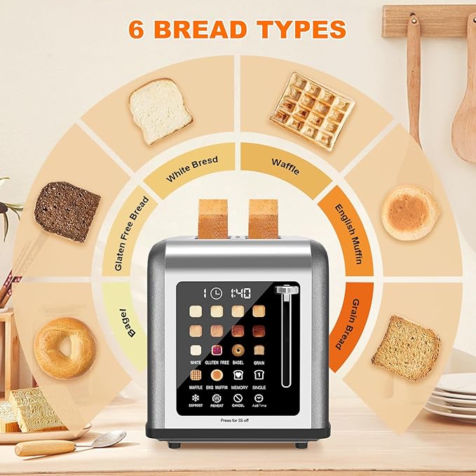 2 Slice Toaster Touch Screen Stainless Steel Toasters Digital Timer 2 Slot Toasters 8 Shade Settings 6 Bread Types for Bagel Cancel Defrost (Grey)