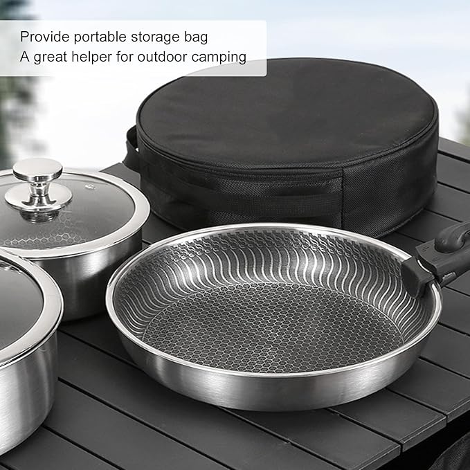 2/3PCS Pots and Pans Set Stainless Steel Kitchen Cookware Set Removable Handle Cookware Outdoor Camping Nonstick Frying Pan Soup Pot Stackable Easy to Clean (2PCS)