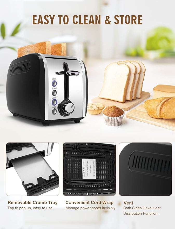 Toaster 2 Slices Stainless Steel JEWJIO Retro Toaster with 1.5 Extra Wide Slot for 6 Bread Shades Setting/Bagel/Defrost/Reheat/Cancel Function/Removable Crumb Tray 800W Matte Black
