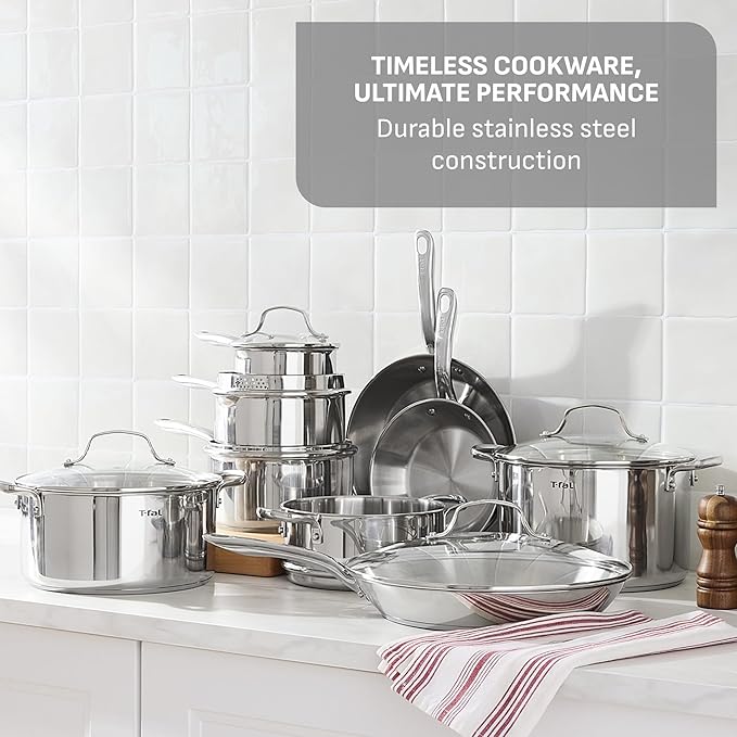 T-fal Gourmet 15-Piece Stainless Steel Cookware Set Pots and Pans Cooking Set Dishwasher Safe Oven Safe to 500°F Induction Compatible Stock Pot Sauce Saute Frying Pans Silver