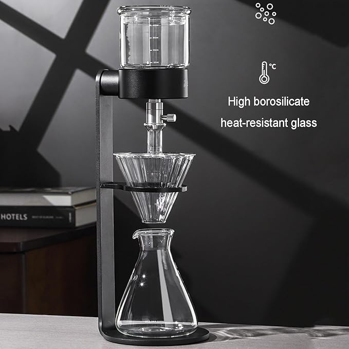 Ice Drip Coffee Maker Cold Brew Coffee Pitcher 500ml Cold Brew Drip Tower with Stainless Steel Adjustable Valve Borosilicate Glass Pot for Home Office Makes 2-3 Cups