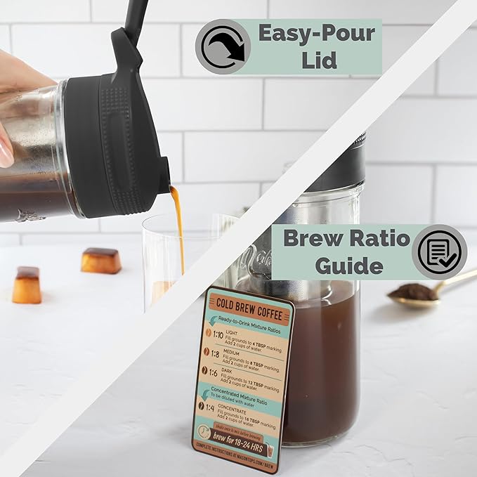Masontops Cold Brew Makers Kit - Deluxe Iced Coffee Maker with Glass Pitcher &amp Stainless Steel Mesh Filter - Easy Pour Fridge Cold Brewer System