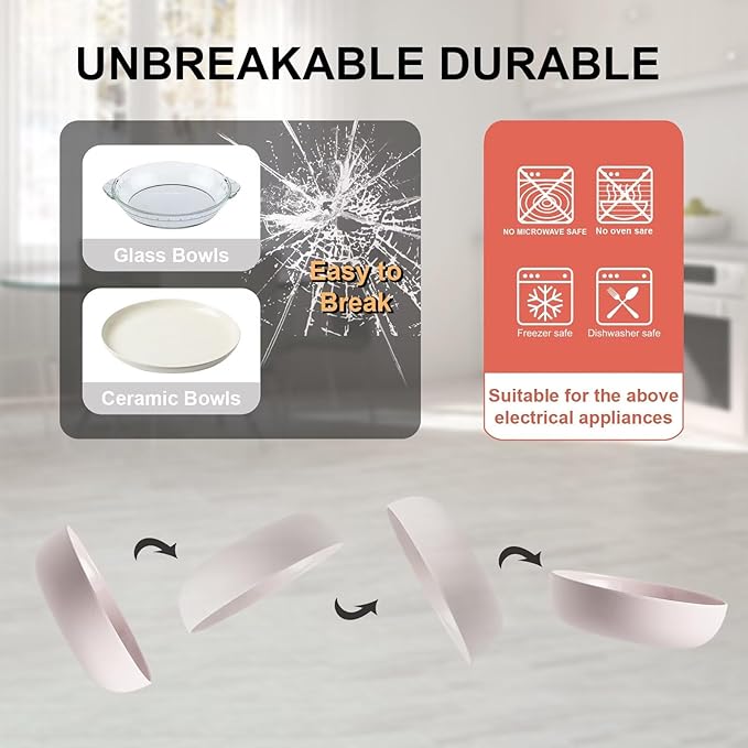 MissYIP 12 Pcs Wheat Straw Dinnerware Sets Unbreakable Reusable Kitchen Dinnerware Set Outdoor Camping Dishes BAP free Dishwasher SafeNot oven-safe or microwavable(Shell Pink)