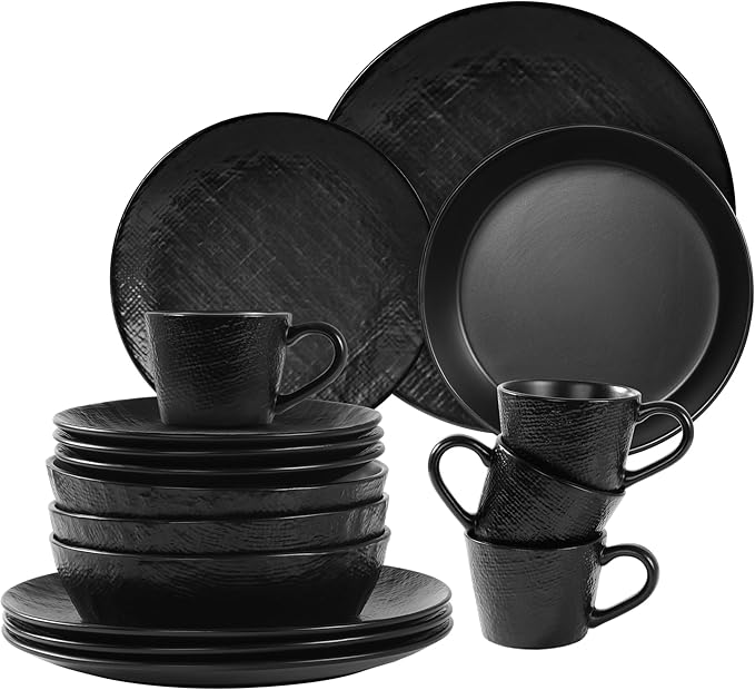 Navaris Linen Artisan Stoneware Dinnerware Set (16 Pieces) - Dishwasher and Microwave Safe Plates Bowls Mugs in Charcoal Black