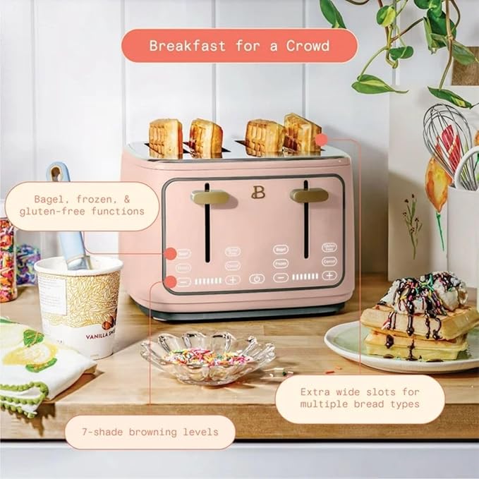 Four-slot Digital Touch Display Toaster with LED Countdown Extra Wide Self-Adjusting Slots Powerful Even Toasting (Rose)
