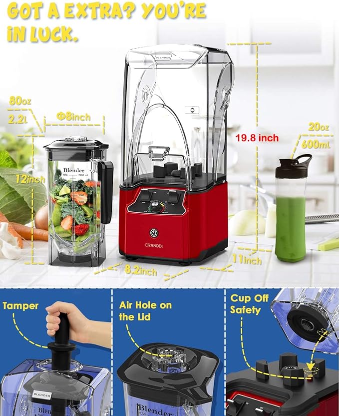 CRANDDI Quiet Commercial Blender with Soundproof Shield 2200 Watt Professional Blenders for Kitchen with 80oz Pitcher and Self-Cleaning High-Speed Blenders K90 Red