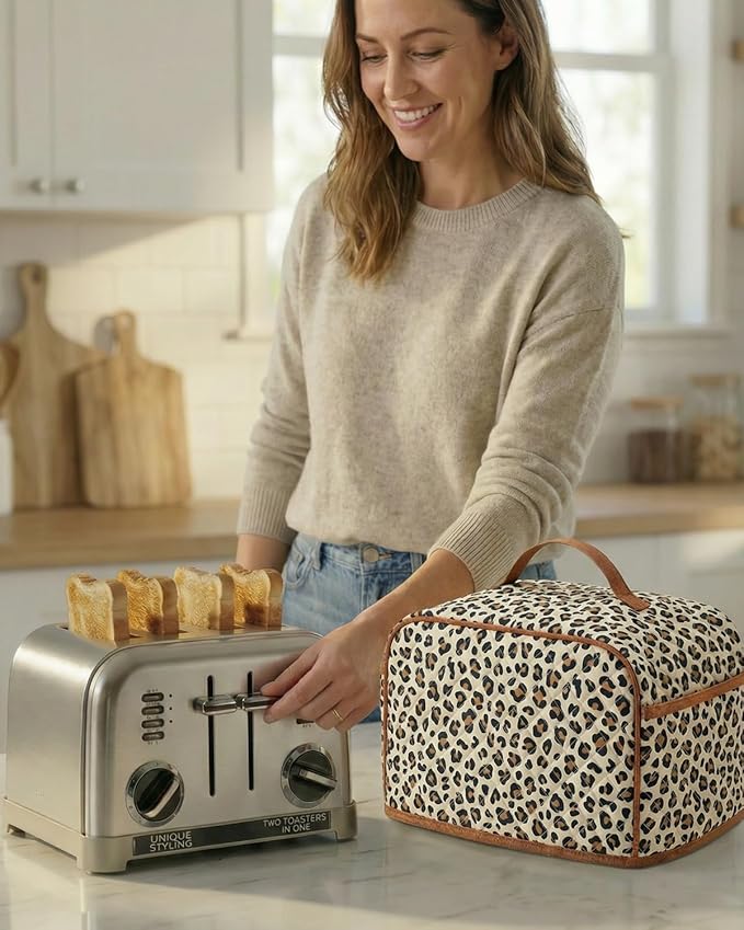 Deosk Toaster Cover 4 slice With 2 Pockets &amp Thickened Sponge Oxford Toaster Covers For 4 Slice Wide Slot and Kitchen Use 12 x 10 x 7.5 (LargeLeopard）