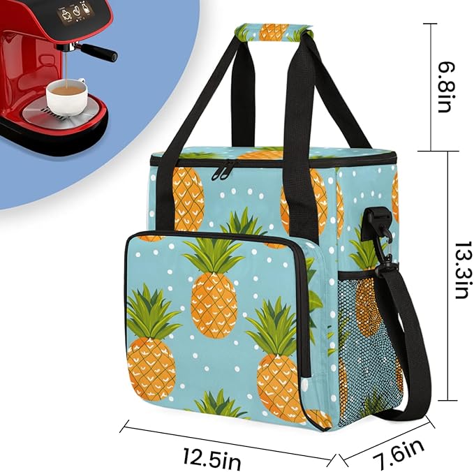 Dots Pineapples Coffee Maker Travel Bag for Keurig K-Mini/K-Mini Plus Insulated Waterproof Tote with Pockets Portable Single-Serve Brewer Case