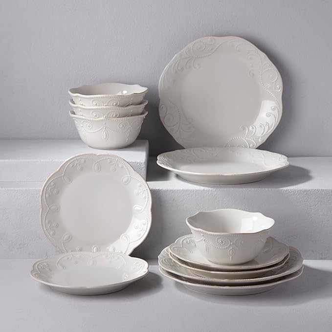 Lenox Dinnerware Set French Perle White 12-Piece Set Service For 4 Stoneware Material Dishwasher Safe Microwave Safe Plates Bowls Home &amp Kitchen Plates And Bowls Sets (White 12 Piece)
