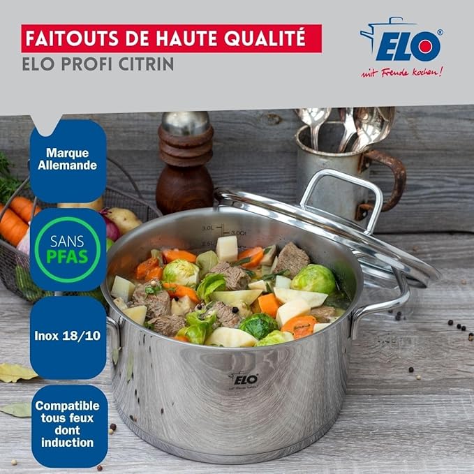 ELO 9511050 Cookware Set 4 Pieces 3 Frying Pans 24 28 and 32 cm and 1 Cooking Pot 16 cm Elo Profi Citrine Stainless Steel Induction