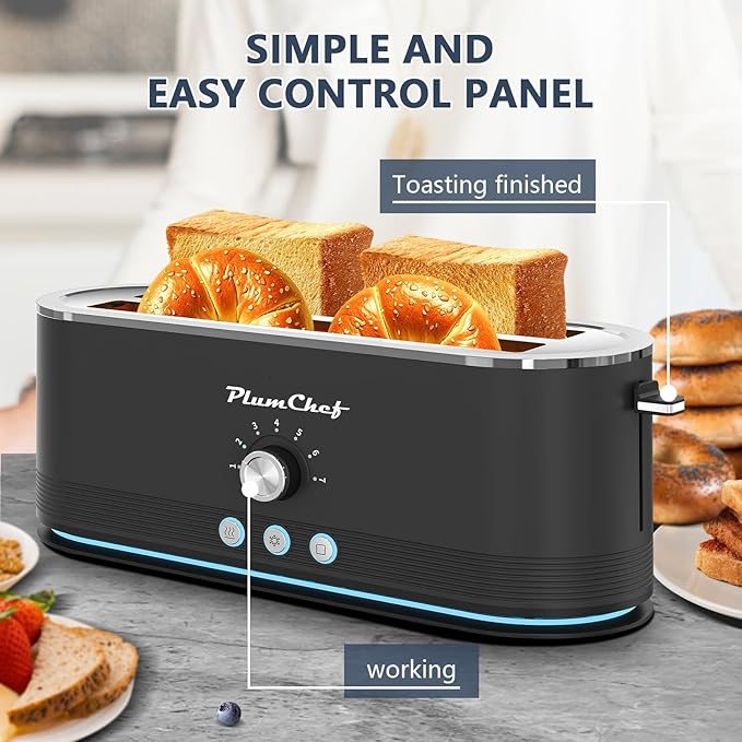4-Slice Toaster Extra Wide Long Slot Toaster 7 Browning Settings Defrost/Reheat Functions Removable Crumb Tray Stainless Steel Housing Anti-Fingerprint &amp Anti-Jam (Black)