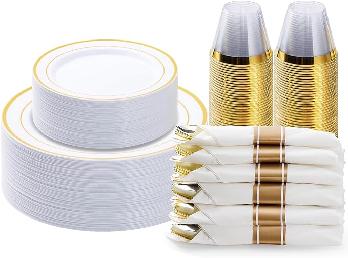 BESTVIP 175PCS Gold Plastic Dinnerware Set Disposable Party Plates for 25 Guests Include: 50 Plastic Plates 25 Pre Rolled Napkins with Gold Silverware 25 Cups for Christmas Halloween