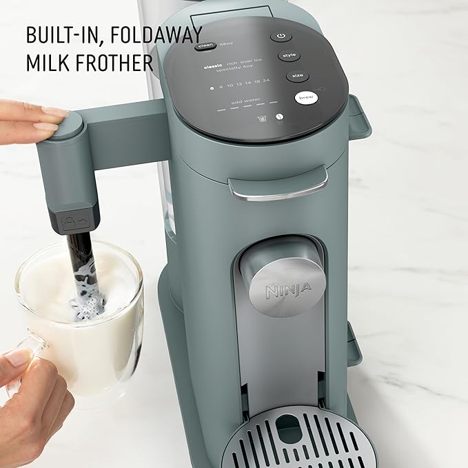 Ninja Pods &amp Grounds Specialty Single-Serve Coffee Maker K-Cup Pod Compatible Built-In Milk Frother 6-oz. Cup to 24-oz. Travel Mug Sizes Iced Coffee Maker 1550 watts Sage Green PB051SG