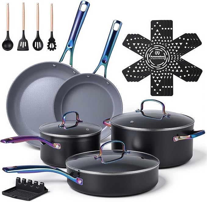 Ammeloo 17 Pcs Ceramic Cookware Set Induction Pots and Pans Set Non Stick Premium Colored Stay Cool Handle Non Toxic PFOA PFOS Free Oven Safe &amp Compatible with All Stovetops Black