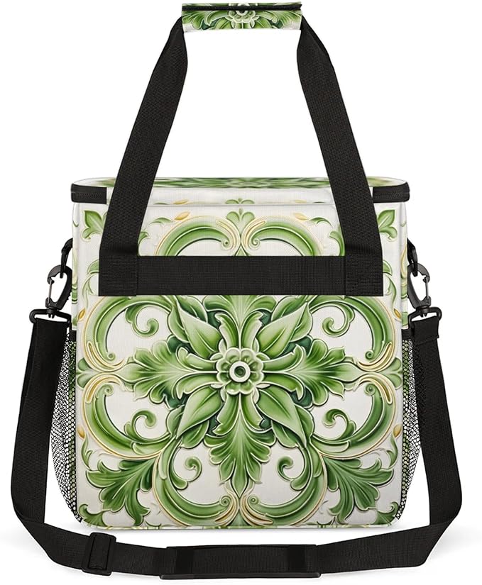 Green Floral Theme Coffee Maker Travel Bag for Keurig K-Mini/K-Mini Plus Insulated Waterproof Tote with Pockets for K-Cup Portable Single-Serve Brewer Case