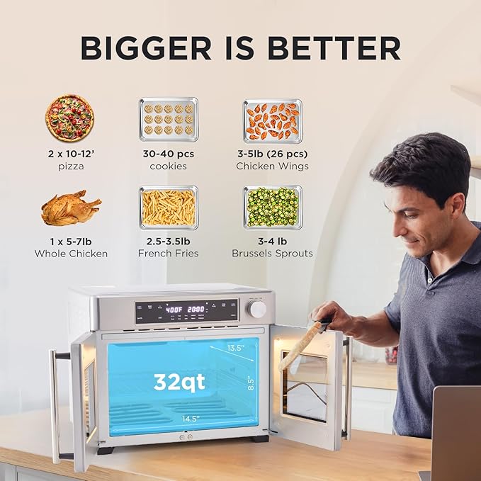 Ivation Dual Zone Air Fryer French Door Oven - 32 Quatity Convection Toaster Combo 10-in-1 Multifunction Up to 450° - 1800W - Temperature Control Timer - Stainless Steel - Dehydrate Bake Roast