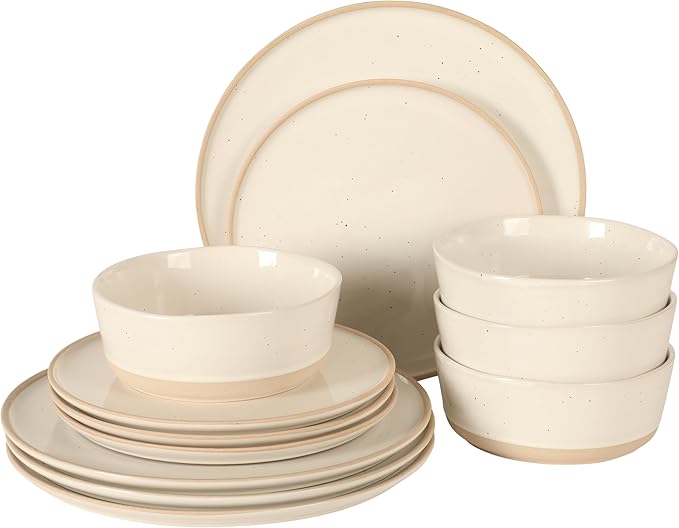 Gibson Elite Humphrey Lane 12 Piece (Service for 4) Plates and Bowls Reactive Glaze Dishes Stoneware Ceramic Dinnerware Set - White