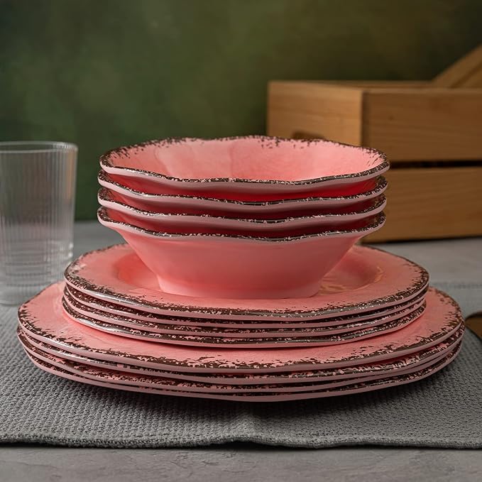 LEHAHA Melamine Dinnerware Sets Farmhouse Dinnerware Set Camping Dishes Set BPA free and Lightweight Durable Outdoor Plates and Bowls Set Service for 4 (12 piece) (Pink)