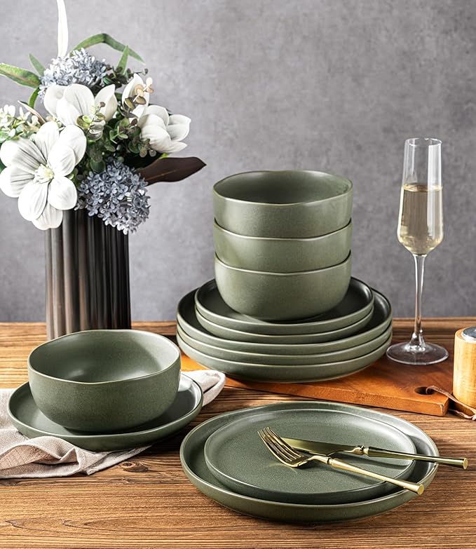 AmorArc Ceramic Dinnerware Sets Wavy Rim Stoneware Plates and Bowls SetsDishwasher &amp Microwave &amp Oven Safe Dishes set Service for 8 (24pc)