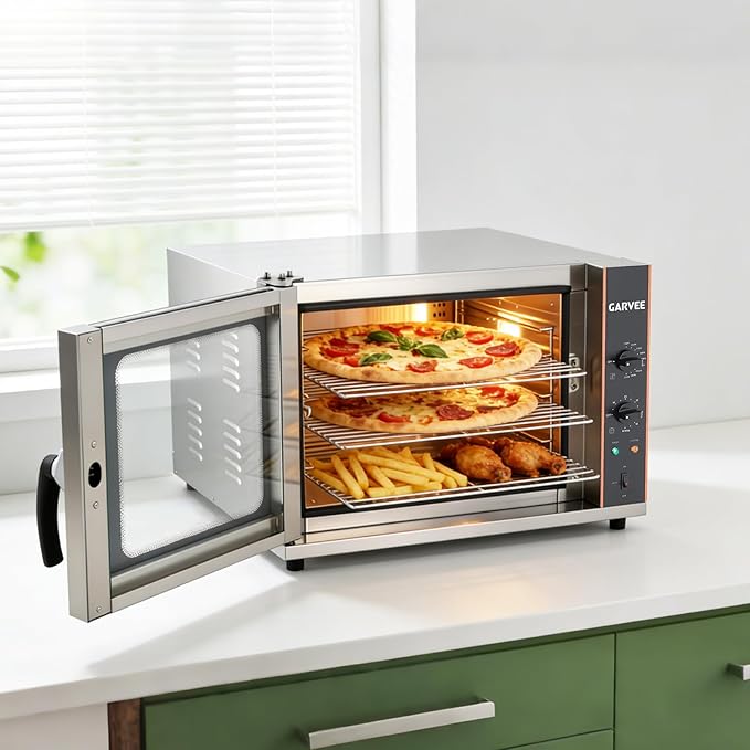Garvee Commercial Convection Oven Countertop 68L/60Qt 1750W Toaster 4-Tier Electric Oven w/Front Glass Door Trays Wire Racks Clip Gloves 120V