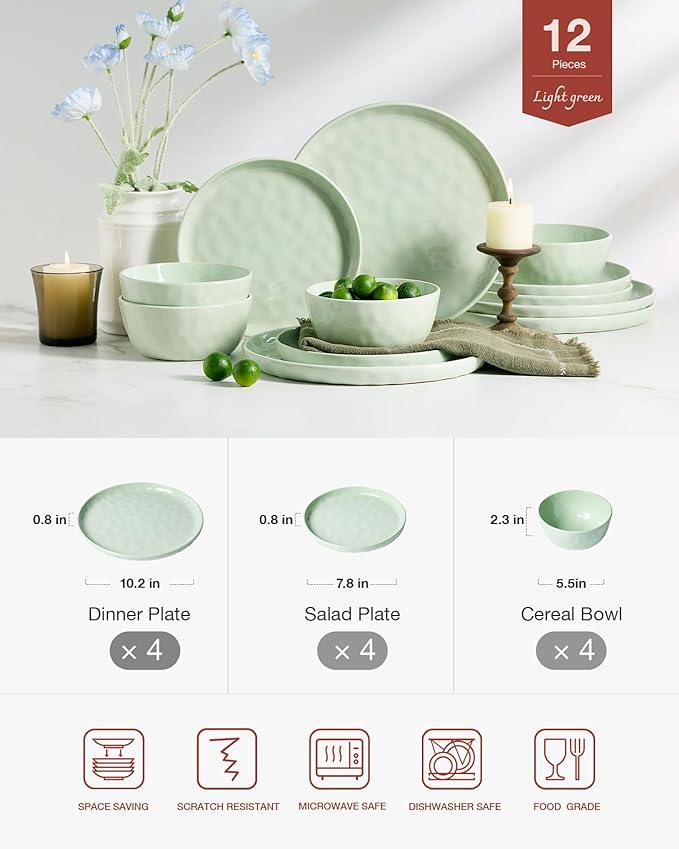 Famiware Mars Plates and Bowls Set 12 Pieces Dinnerware Sets Dishes Set for 4 Light Green
