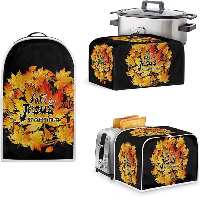 Unique Toaster 2 Slice Thanksgiving Day Decorations Set Blender Bread Toaster Cover Slow Cooker Cover Fit for Most 6-8 Qt Slow Cookers Fall for Jesus He Never Leaves (Black)
