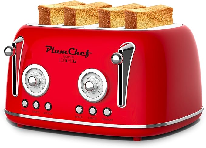 Toaster 4 Slice Dual Control Toaster with Warming Rack 6 Browning Settings Bagel/Defrost Functions Removable Crumb Tray Stainless Steel Housing 1650W Retro Style Toasters for Toast Red