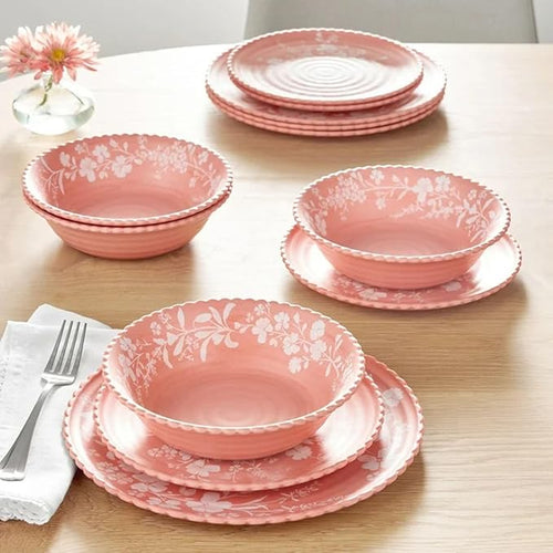 12-Piece Bamboo Melamine Dinnerware Set Service for 4 Includes Dinner Plates Salad Plates and Cereal Bowls Dishwasher Safe (Pink)