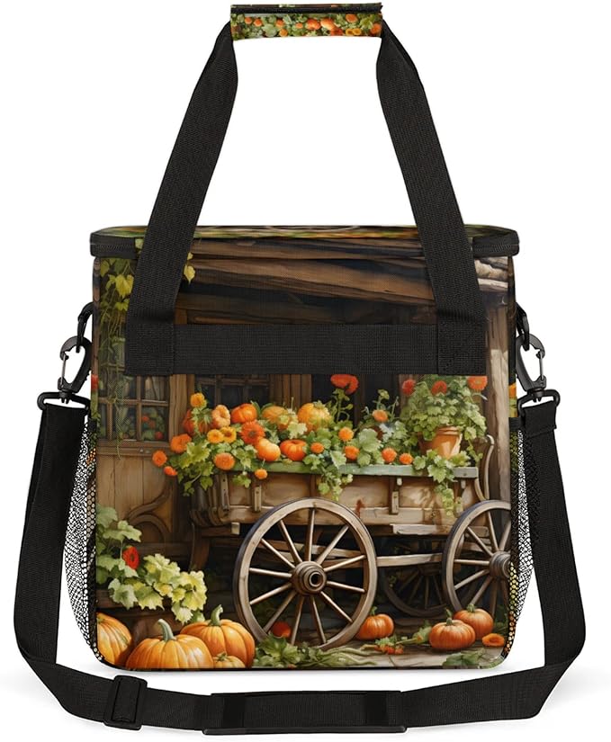 Farmhouse Pumpkin Coffee Maker Travel Bag for Keurig K-Mini/K-Mini Plus Insulated Waterproof Tote with Pockets for K-Cup Portable Single-Serve Brewer Case