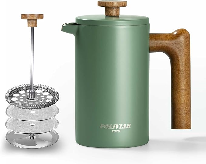 POLIVIAR French Press Coffee Maker 21 oz Coffee Press with Real Wood Handle Double Wall Insulation &amp Dual-Filter Screen Food Grade Stainless Steel for Good Coffe and Tea JX2024-SFPN
