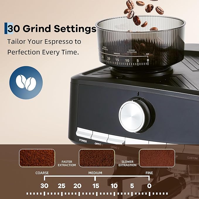 20 Bar Stainless Steel Espresso Machine with Integrated Grinder Adjustable Shot Volume 1.5l Removable Water Tank Steam Milk Frother Wand for Home and Office Use Black