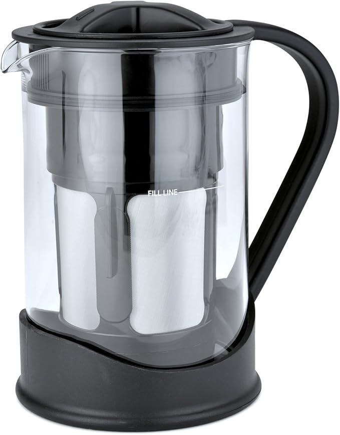 COLD BREW COFFEE MAKER 1 Liter (4-Cups) Capacity Great For Flavorful Iced Coffee That Stays Fresh Longer Borosilicate Glass Easy Cleaning Fun Ideas and Recipe Booklet 8x5 Inches Black